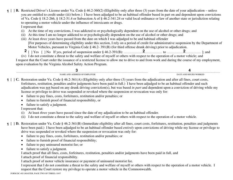 Instructions for Form DC-485 Petition for Restoration of Driving Privilege - Habitual Offender - Virginia, Page 4