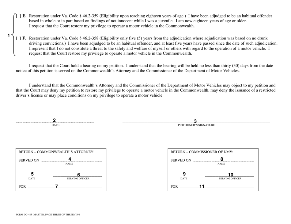 Instructions for Form DC-485 Petition for Restoration of Driving Privilege - Habitual Offender - Virginia, Page 6