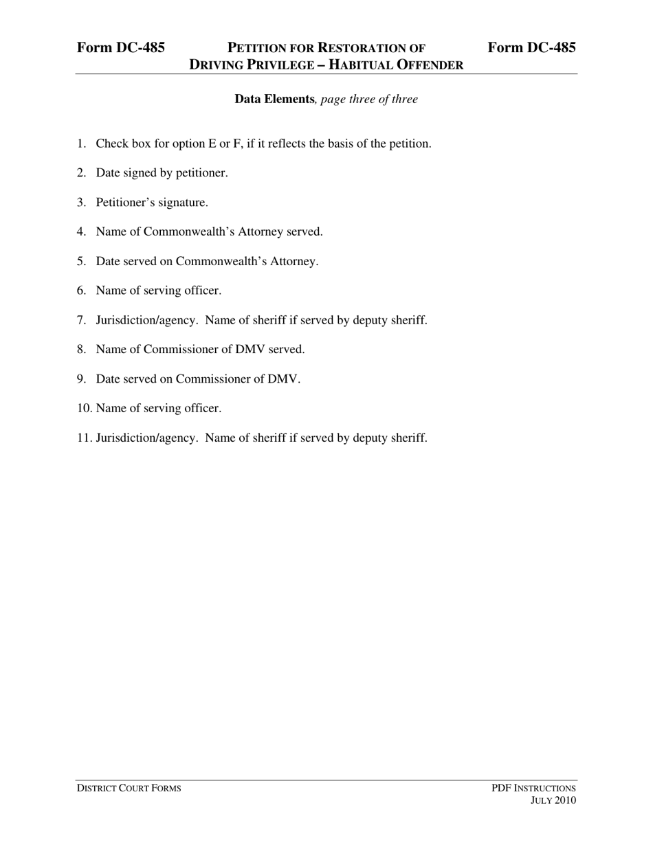 Instructions for Form DC-485 Petition for Restoration of Driving Privilege - Habitual Offender - Virginia, Page 7