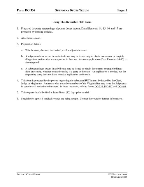 Instructions for Form DC-336 Subpoena Duces Tecum - Virginia