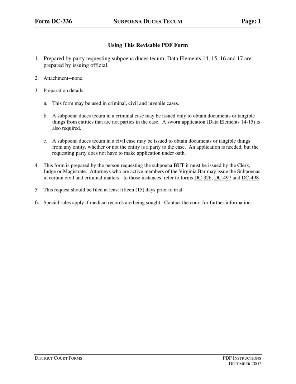 Instructions for Form DC-336 Subpoena Duces Tecum - Virginia, Page 1