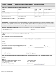 Document preview: HSMV Form 74014 Release Form for Property Damage/Injury - Florida