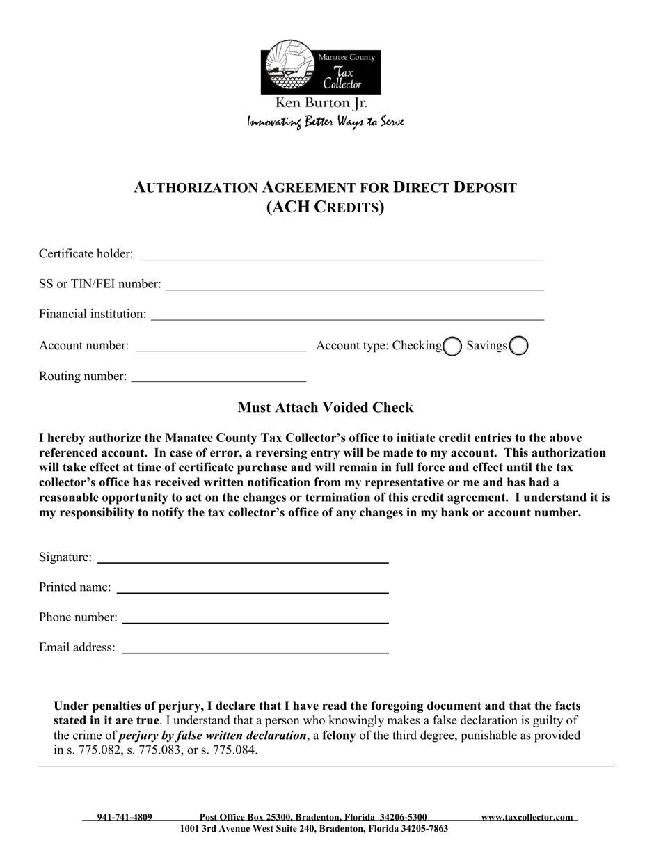 Authorization Agreement for Direct Deposit (ACH Credits) - Manatee County, Florida, Page 1