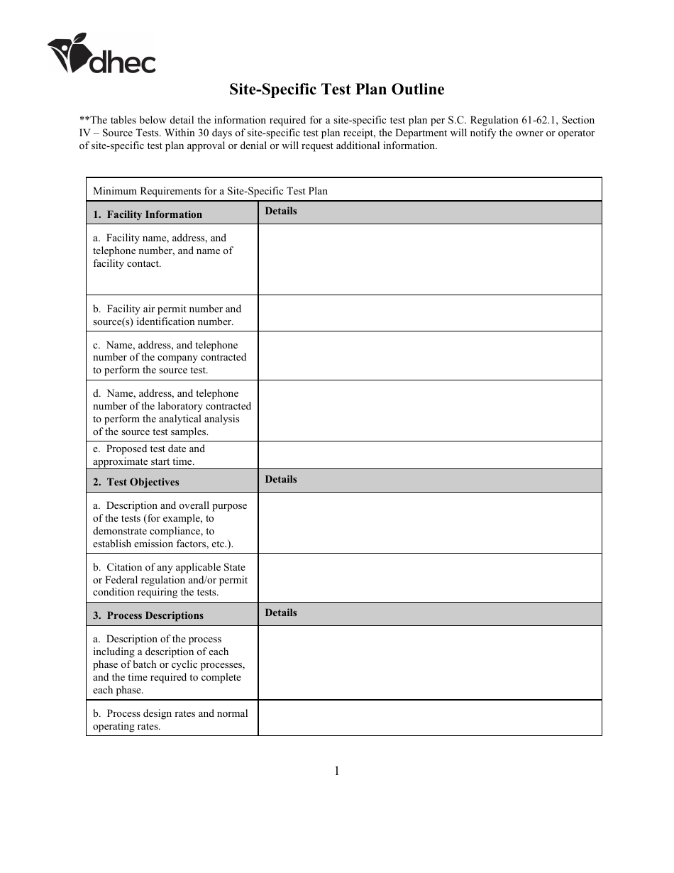 Site-Specific Test Plan Outline - South Carolina, Page 1