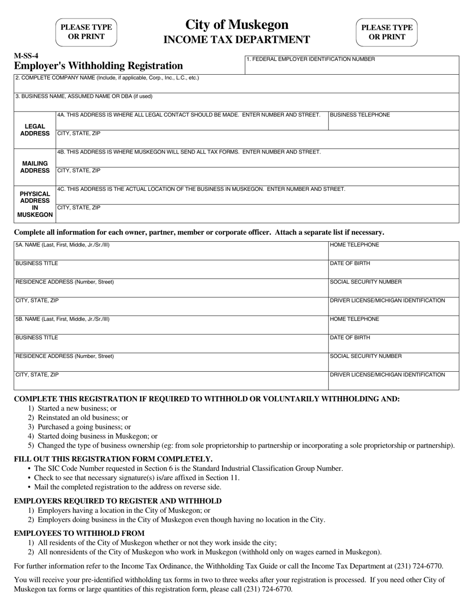 Form M-SS-4 Employers Withholding Registration - City of Muskegon, Michigan, Page 1