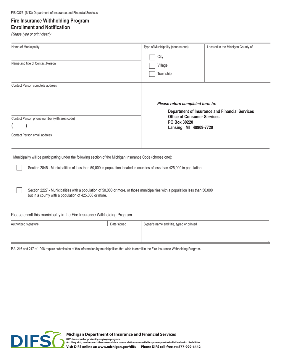 Form FIS0376 Fire Insurance Withholding Program Enrollment and Notification - Michigan, Page 2