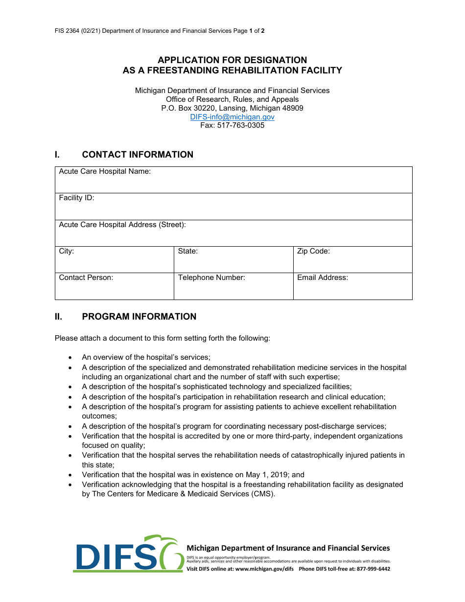 Form FIS2364 Application for Designation as a Freestanding Rehabilitation Facility - Michigan, Page 1