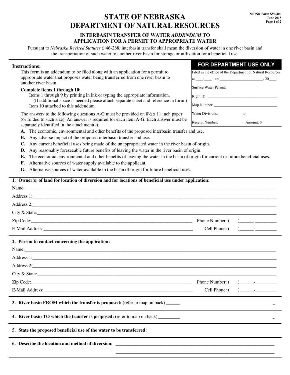 NeDNR SW Form SW-400 Interbasin Transfer of Water Addendum to Application for a Permit to Appropriate Water - Nebraska, Page 1