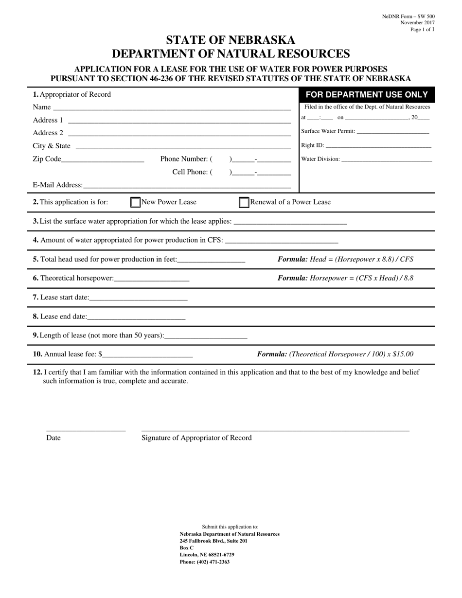 DNR Form SW500 Application for a Lease for the Use of Water for Power Purposes Pursuant to Section 46-236 of the Revised Statutes of the State of Nebraska - Nebraska, Page 1