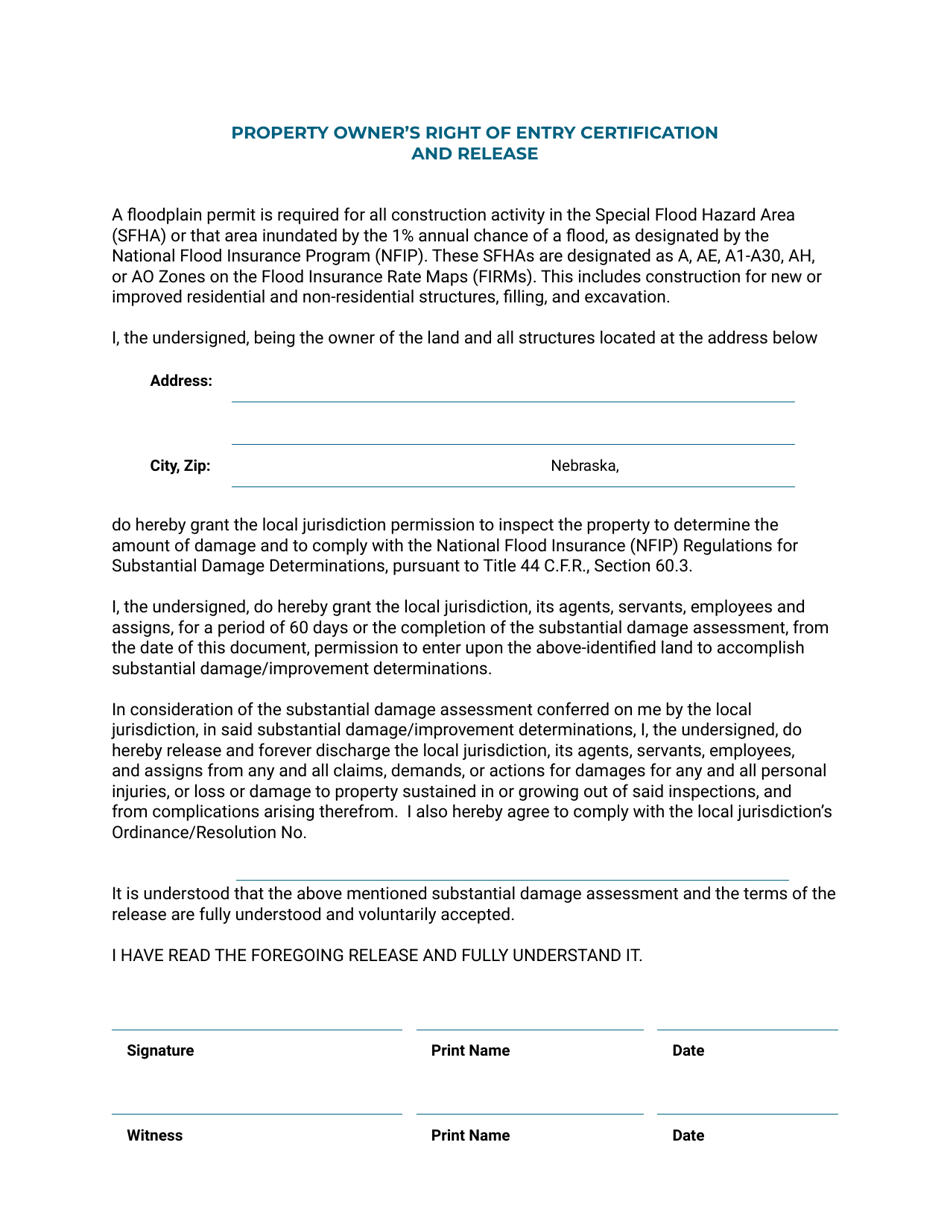 Property Owners Right of Entry Certification and Release - Nebraska, Page 1