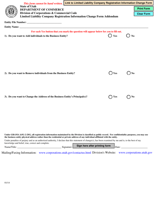 Limited Liability Company Registration Information Change Form Addendum - Utah Download Pdf