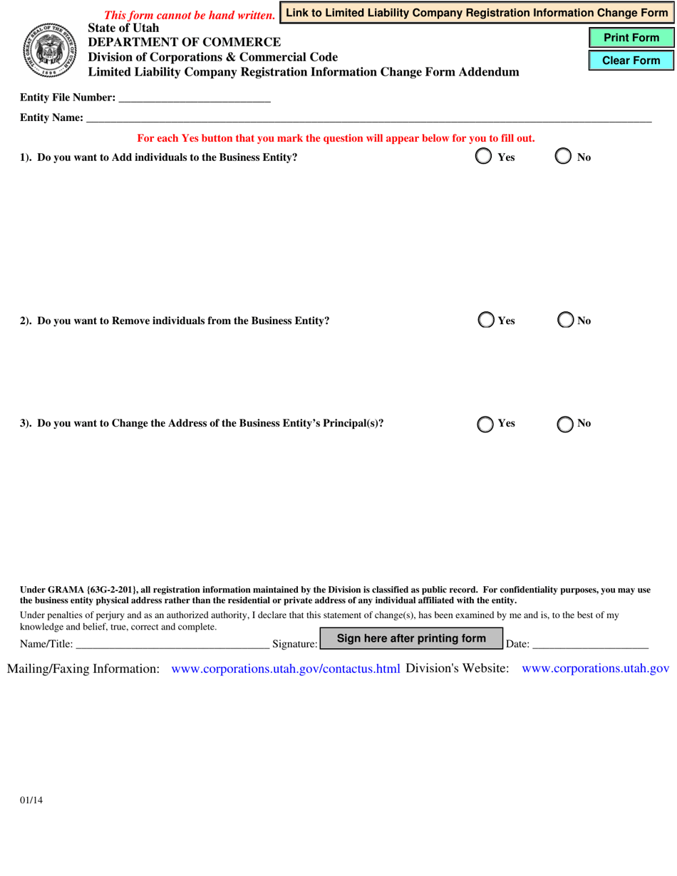 Limited Liability Company Registration Information Change Form Addendum - Utah, Page 1