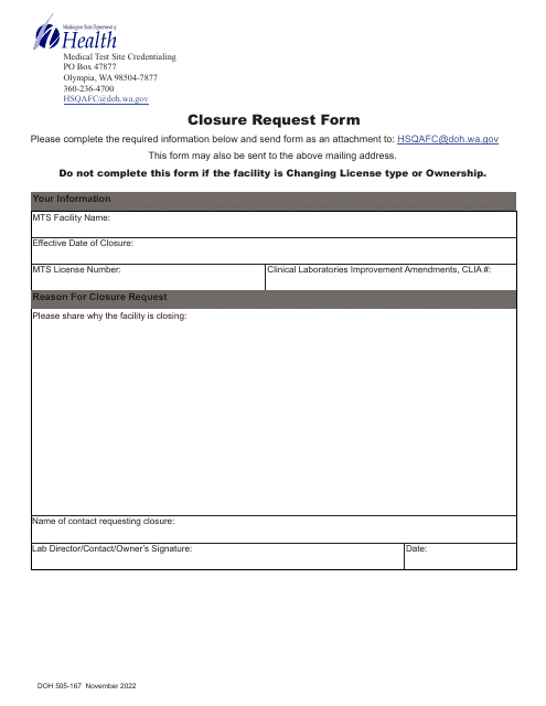 DOH Form 505-167 Closure Request Form - Washington