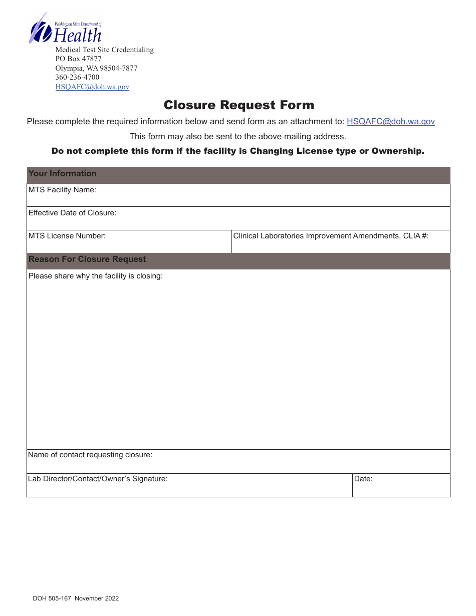 DOH Form 505-167 Closure Request Form - Washington, Page 1