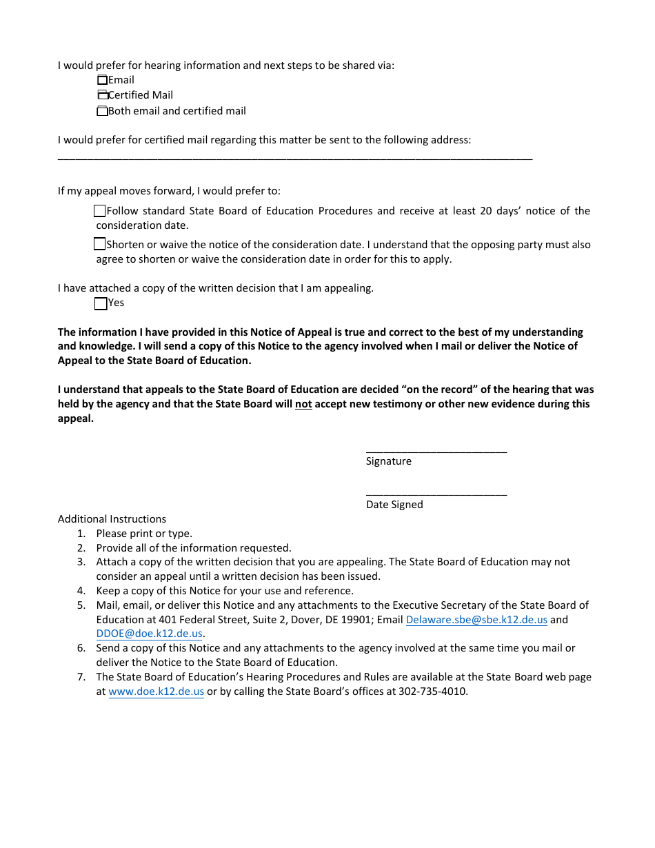 Notice of Appeal to the State Board of Education - Delaware, Page 2