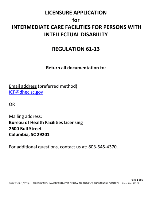 DHEC Form 3321 Intermediate Care Facilities for Persons With Intellectual Disability Application - South Carolina