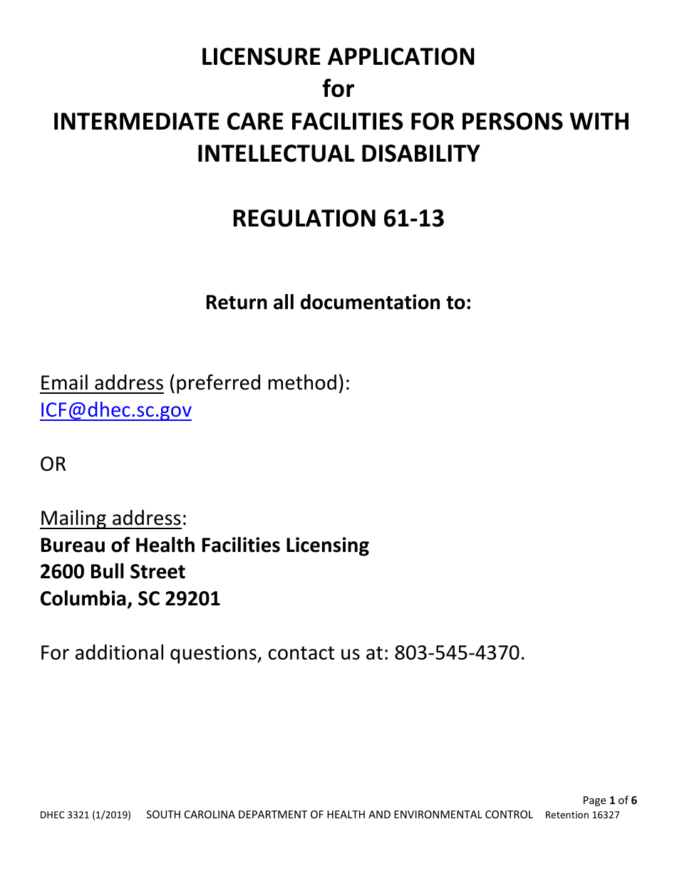 DHEC Form 3321 Intermediate Care Facilities for Persons With Intellectual Disability Application - South Carolina, Page 1