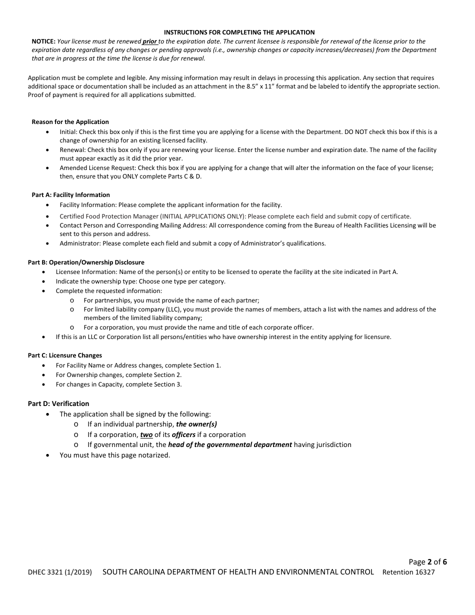 DHEC Form 3321 Intermediate Care Facilities for Persons With Intellectual Disability Application - South Carolina, Page 2