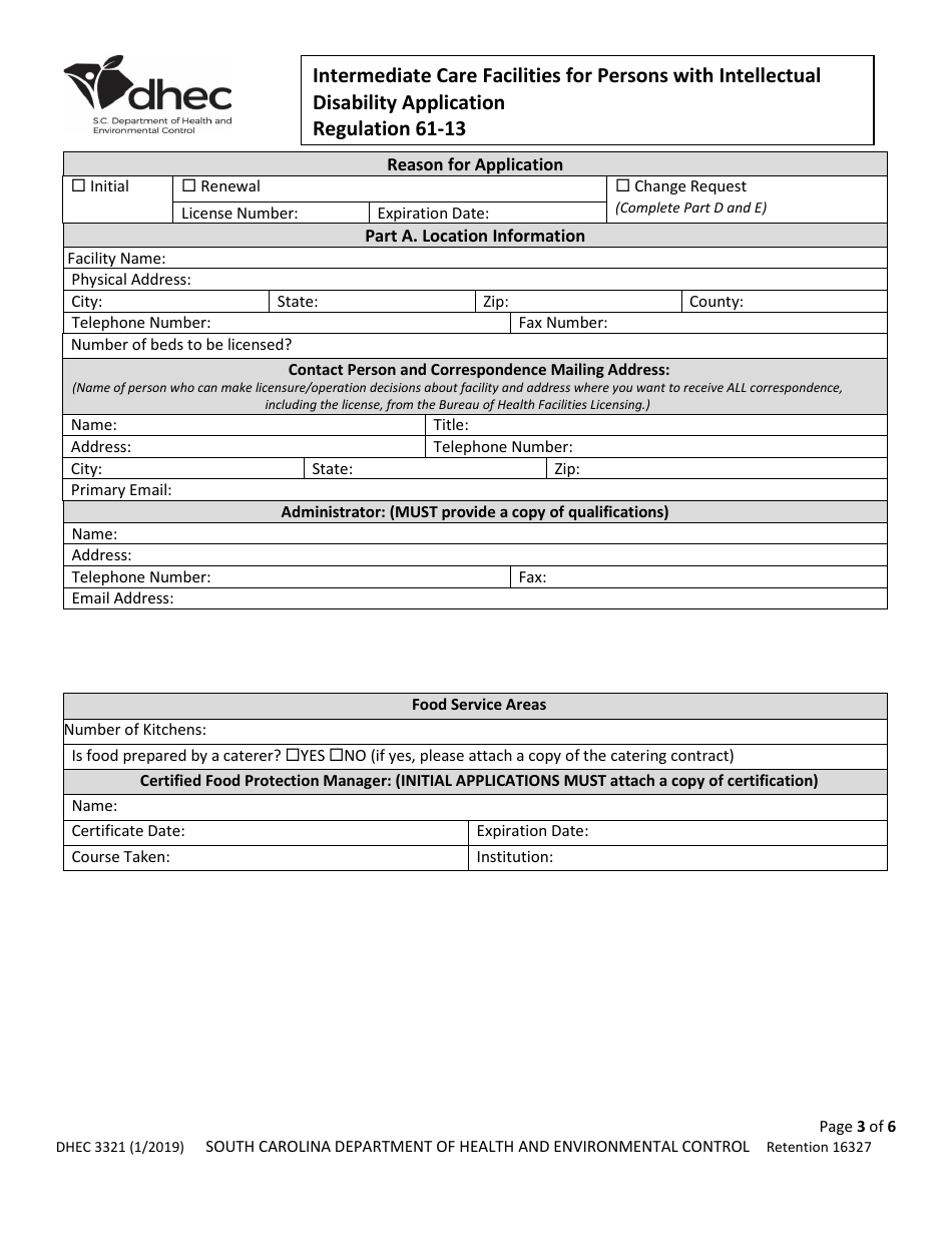DHEC Form 3321 Intermediate Care Facilities for Persons With Intellectual Disability Application - South Carolina, Page 3