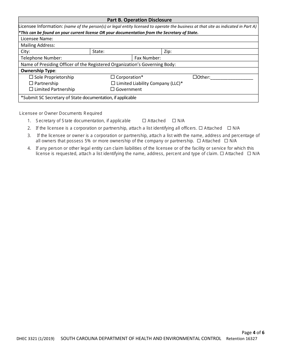 DHEC Form 3321 Intermediate Care Facilities for Persons With Intellectual Disability Application - South Carolina, Page 4