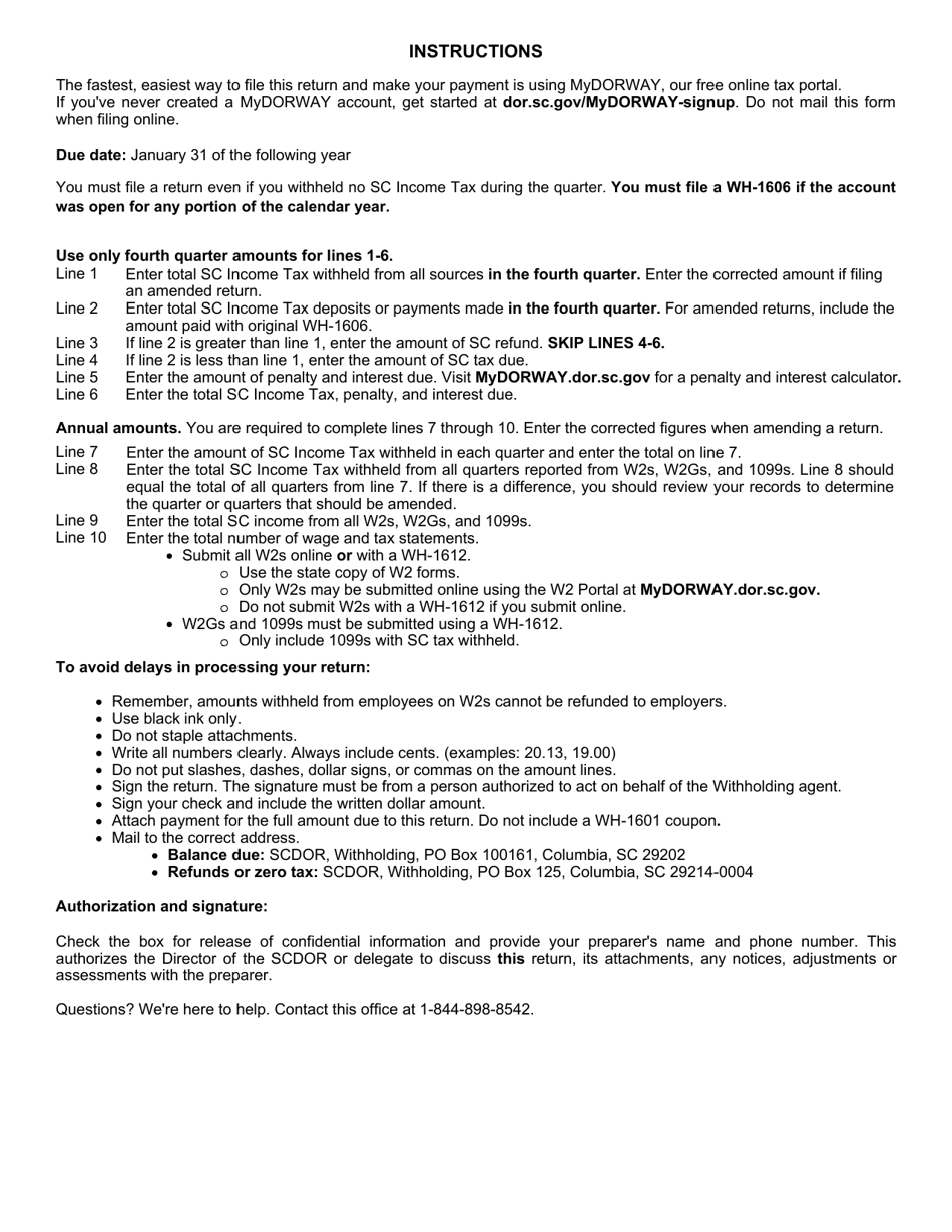 Form WH-1606 Sc Withholding Fourth Quarter and Annual Reconciliation Return - South Carolina, Page 2