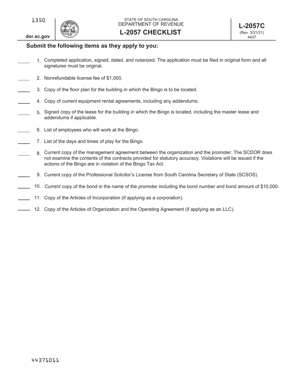 Form L-2057 Application for Bingo Promoters License - South Carolina, Page 1