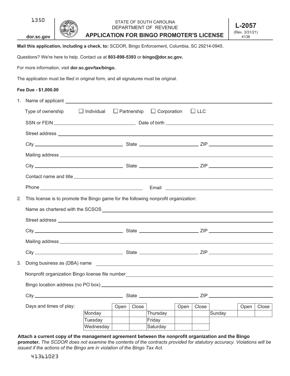 Form L-2057 Application for Bingo Promoters License - South Carolina, Page 2