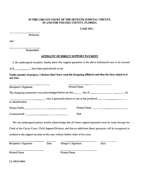 Form CL-0824-0604 Affidavit of Direct Support Payment - Volusia County, Florida