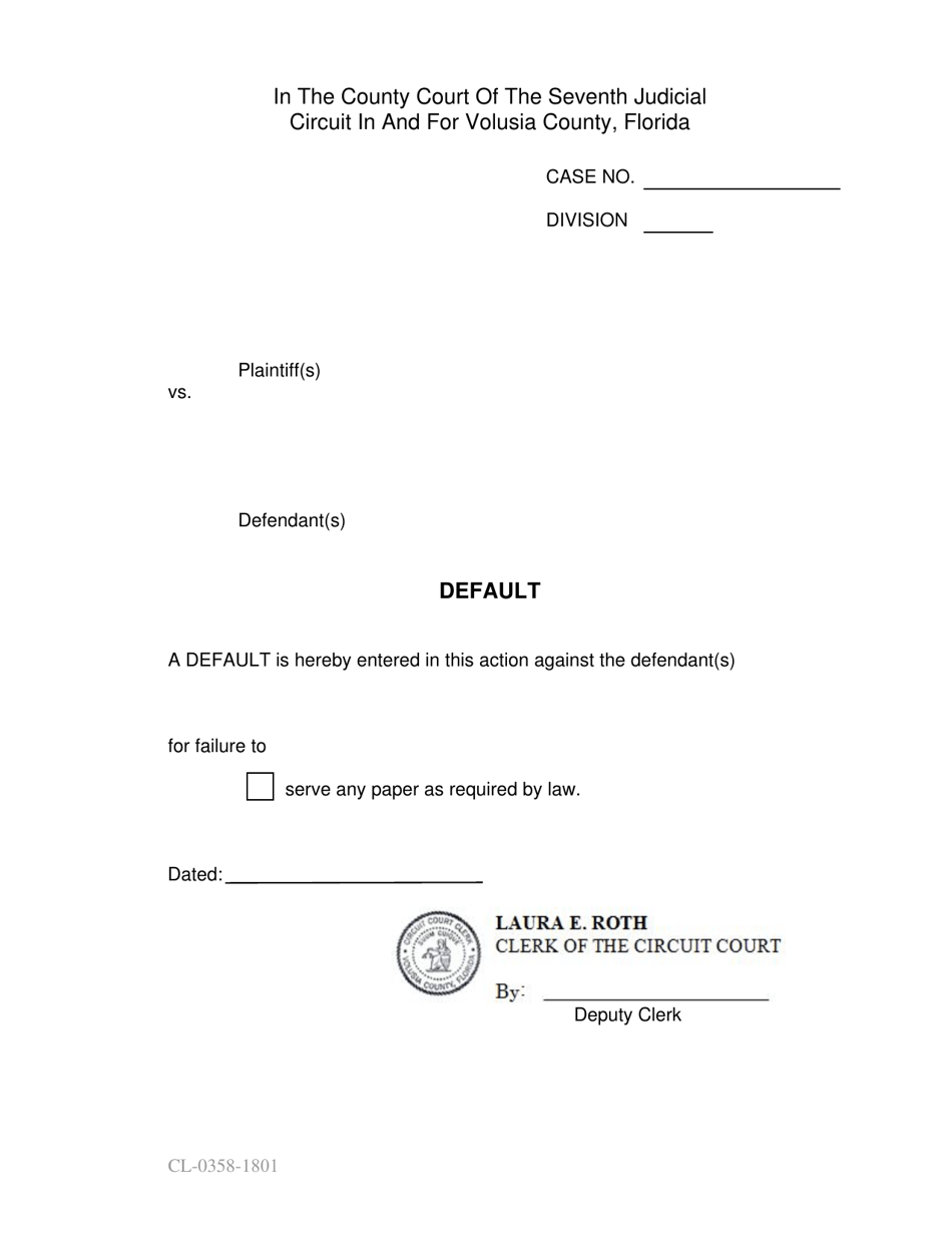 Form CL-0358-1801 Eviction Default for Clerk - Volusia County, Florida, Page 1