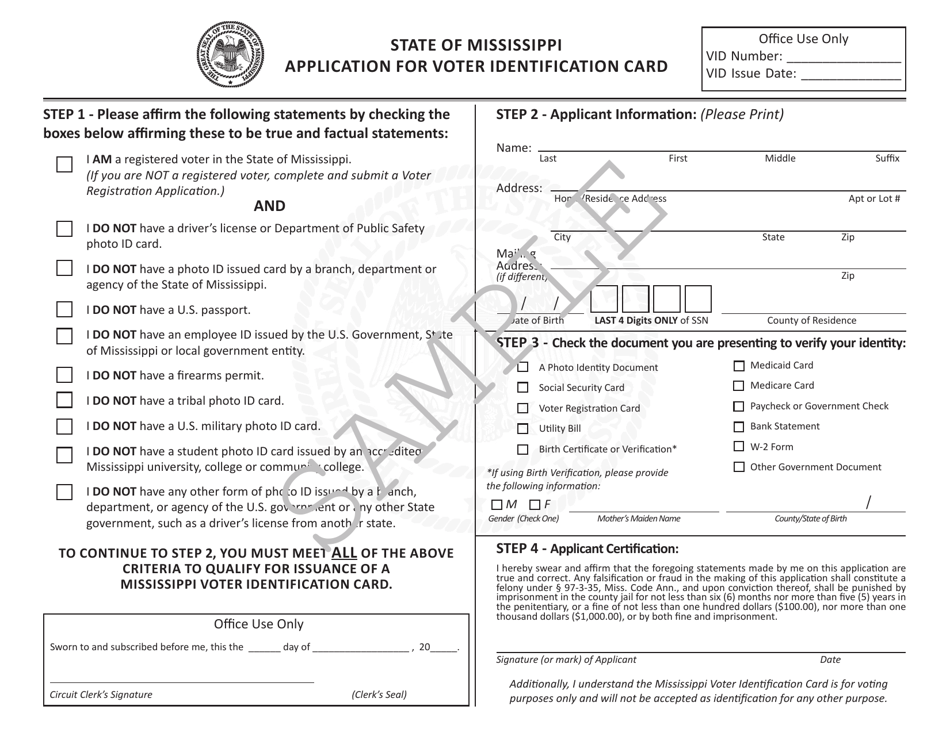 Application for Voter Identification Card - Sample - Mississippi, Page 1
