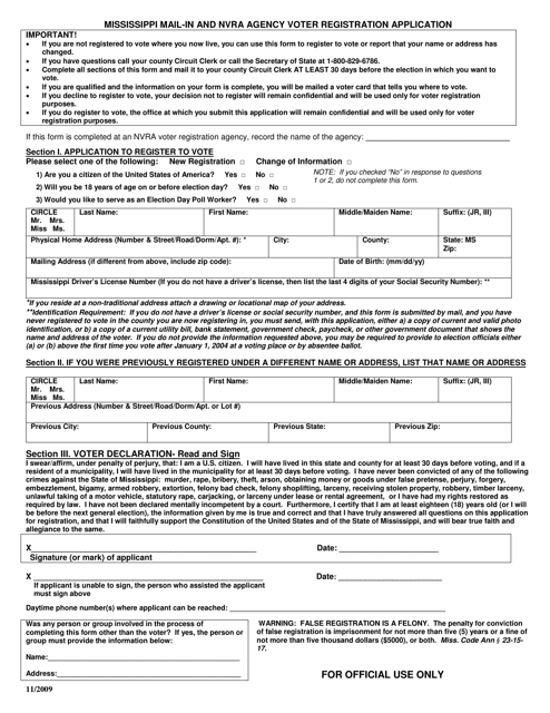 Mail-In and Nvra Agency Voter Registration Application - Mississippi Download Pdf
