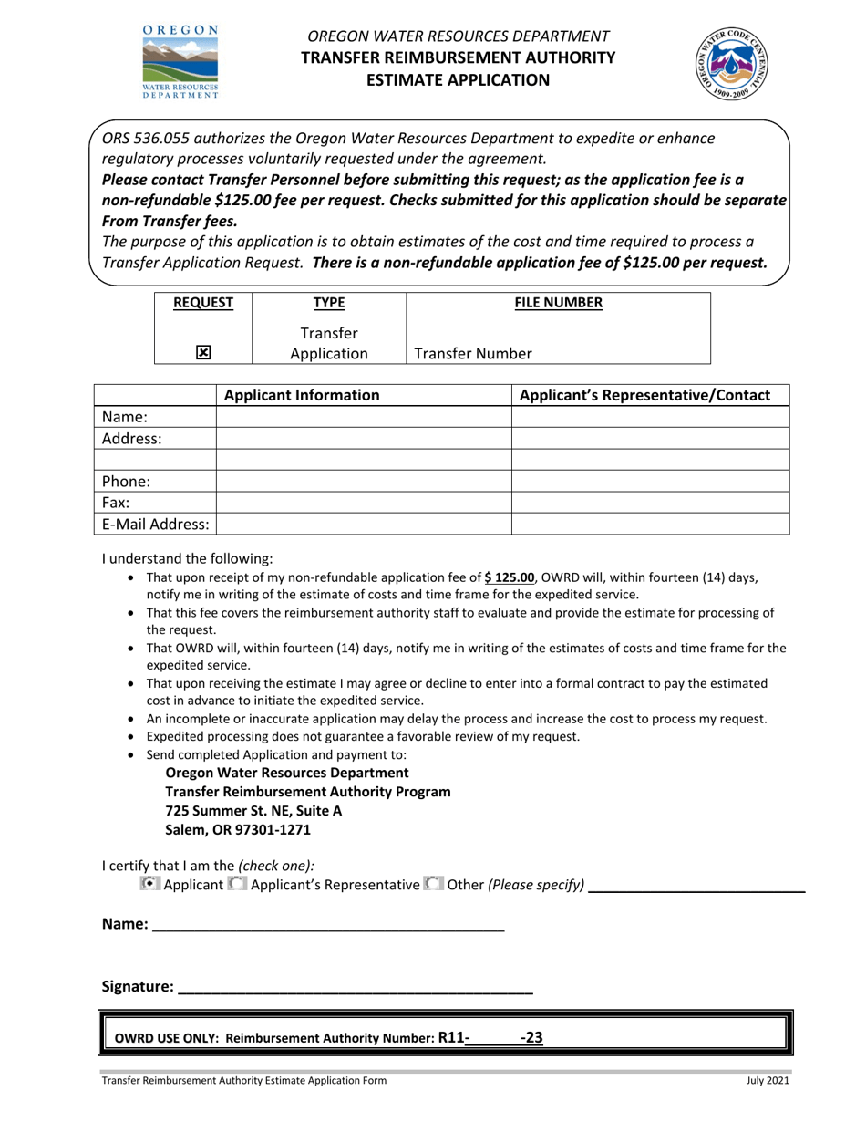 Transfer Reimbursement Authority Estimate Application - Oregon, Page 1