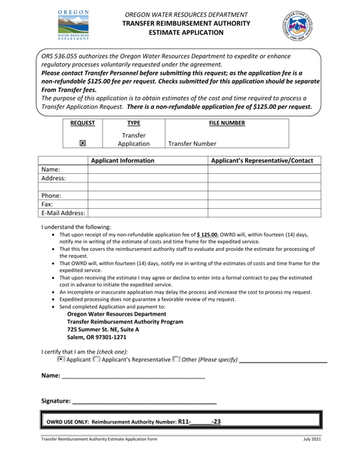 Transfer Reimbursement Authority Estimate Application - Oregon Download Pdf