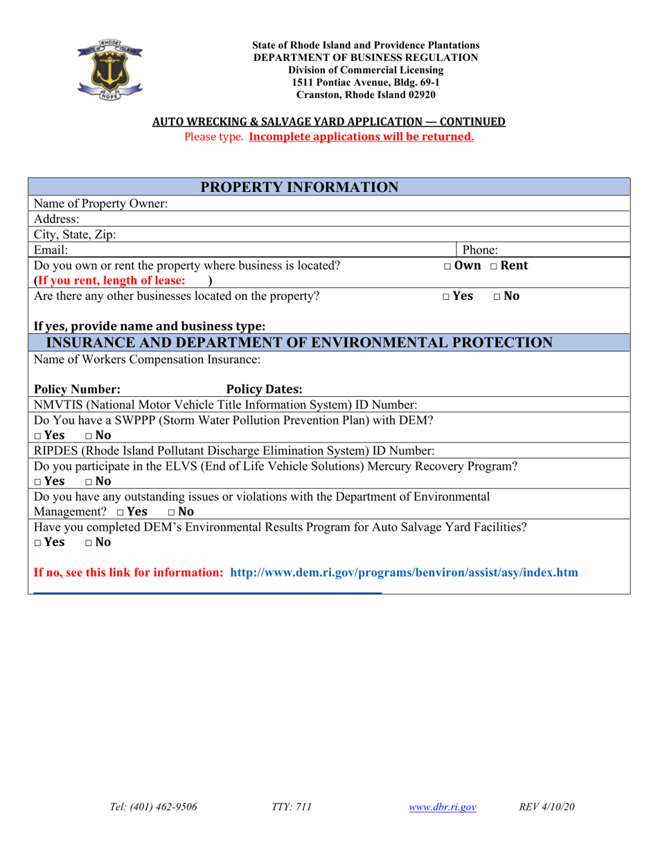 Rhode Island Auto Wrecking & Salvage Yard License Application Fill