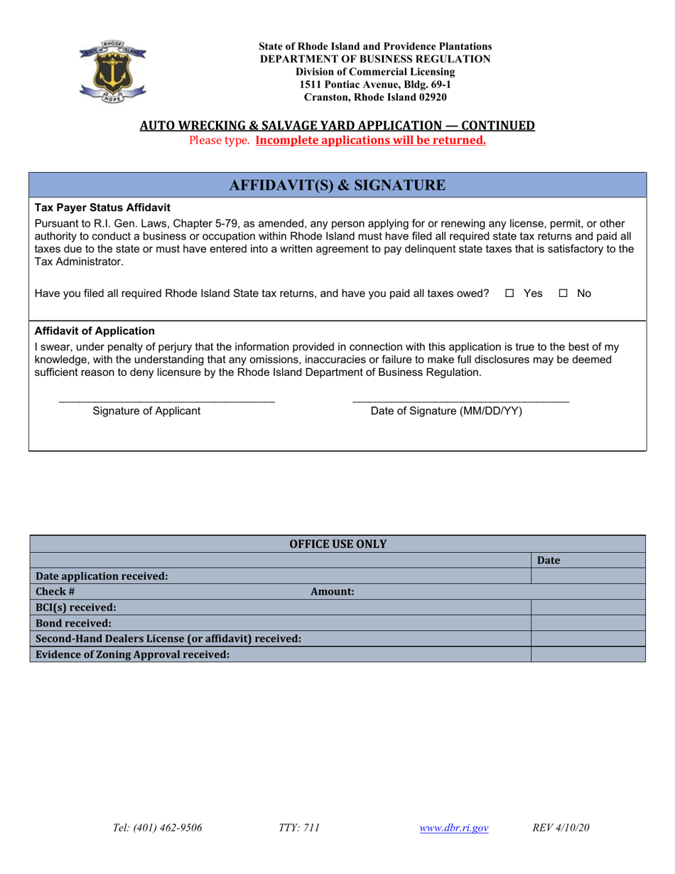 Rhode Island Auto Wrecking & Salvage Yard License Application Fill