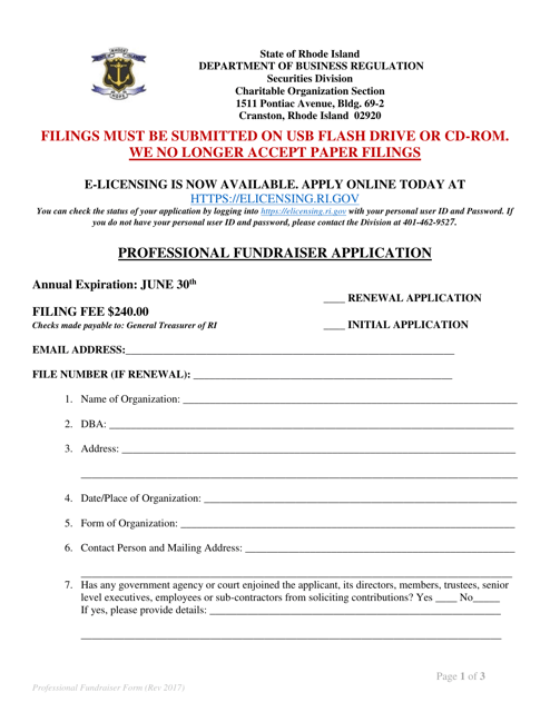 Professional Fundraiser Application - Rhode Island Download Pdf