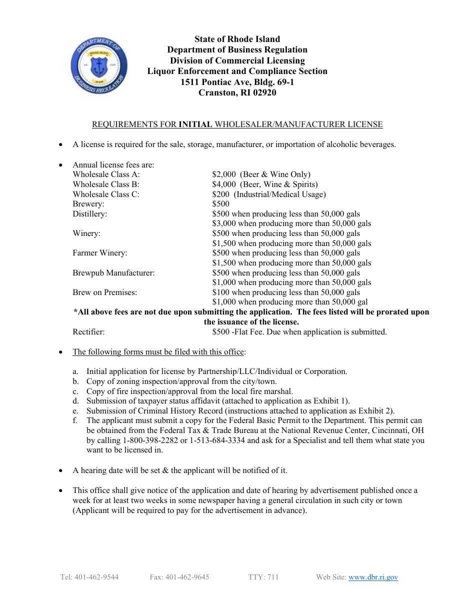 Initial Application for Wholesaler / Manufacturer License - Rhode Island, Page 1