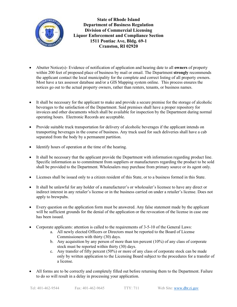Initial Application for Wholesaler / Manufacturer License - Rhode Island, Page 2