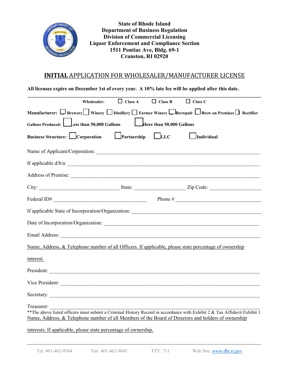 Initial Application for Wholesaler / Manufacturer License - Rhode Island, Page 3