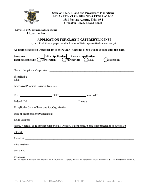 Application for Class P Caterer's License - Rhode Island Download Pdf