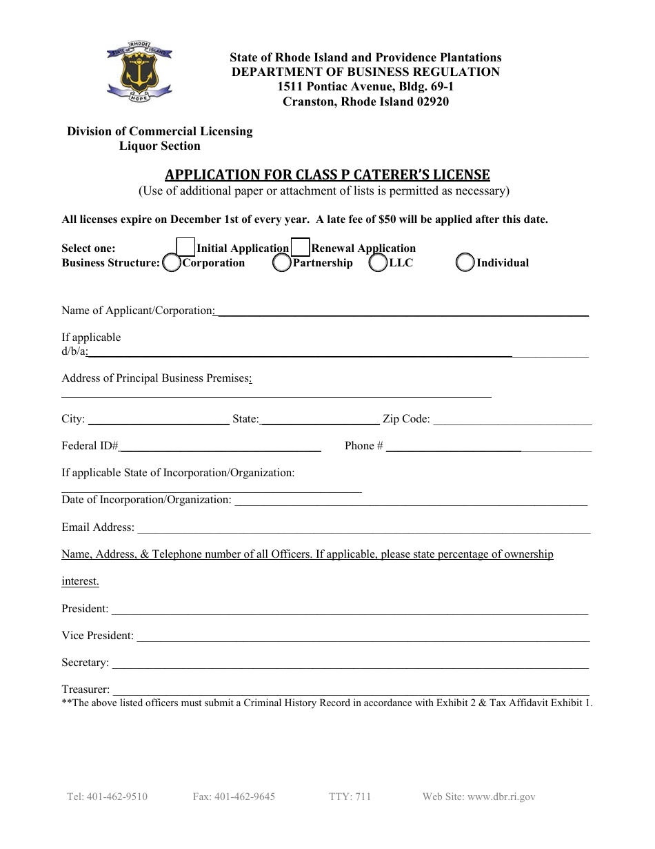 Application for Class P Caterers License - Rhode Island, Page 1