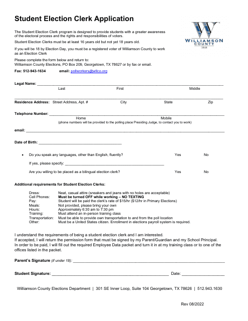 Student Election Clerk Application - Williamson County, Texas Download Pdf