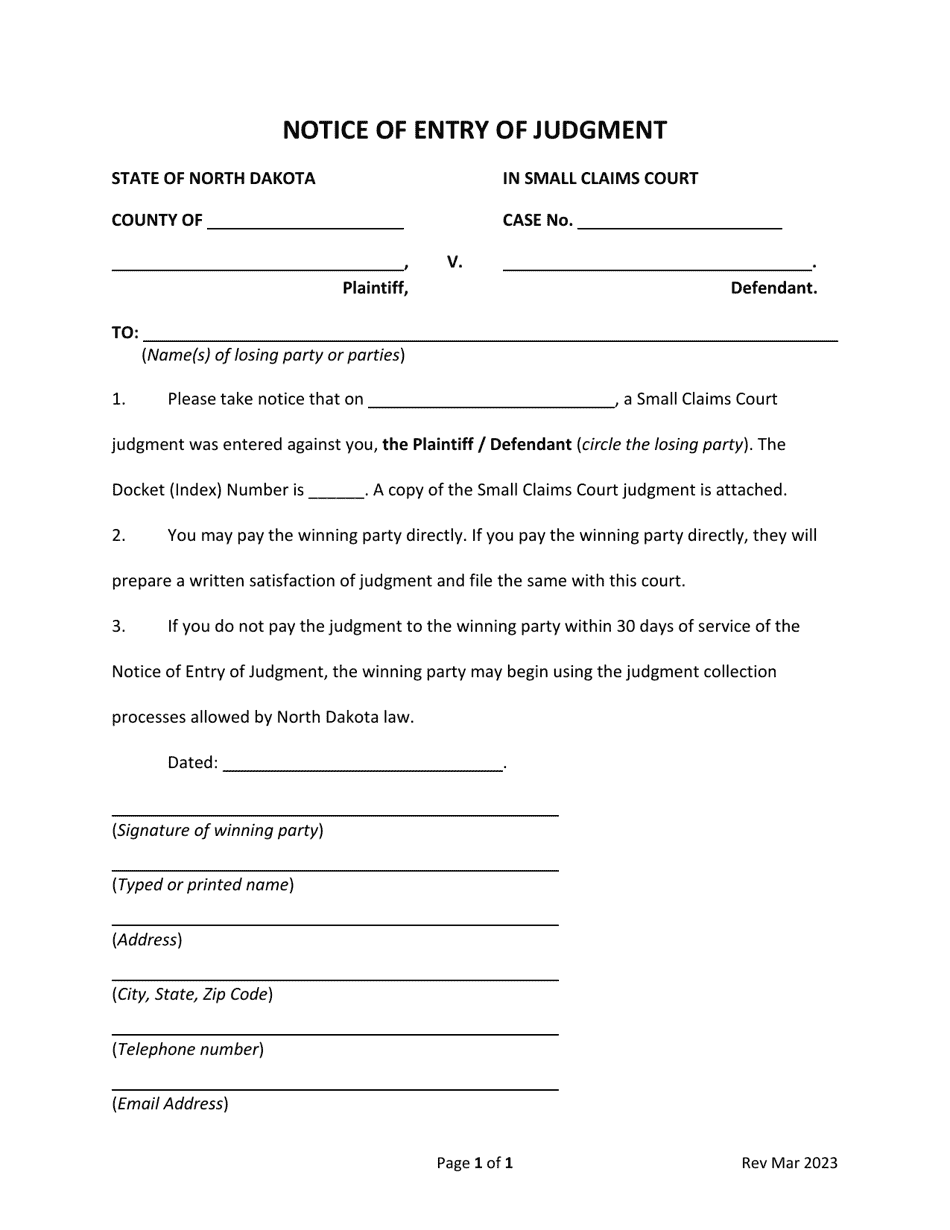 Form 10 Notice of Entry of Judgment - North Dakota, Page 1