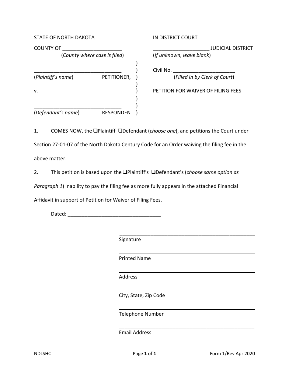 Form 1 Petition for Waiver of Filing Fees - North Dakota, Page 1