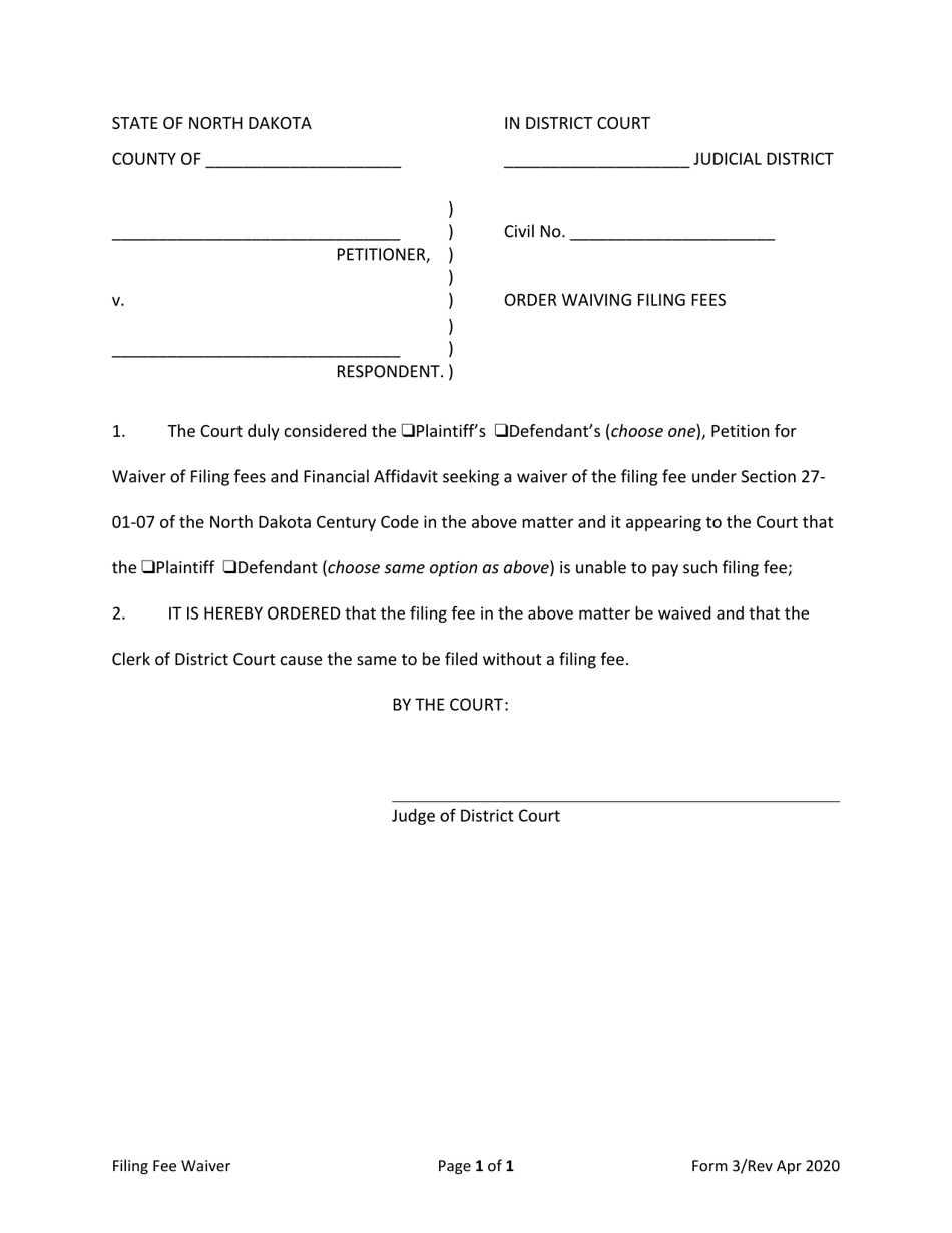 Form 3 Order Waiving Filing Fees - North Dakota, Page 1