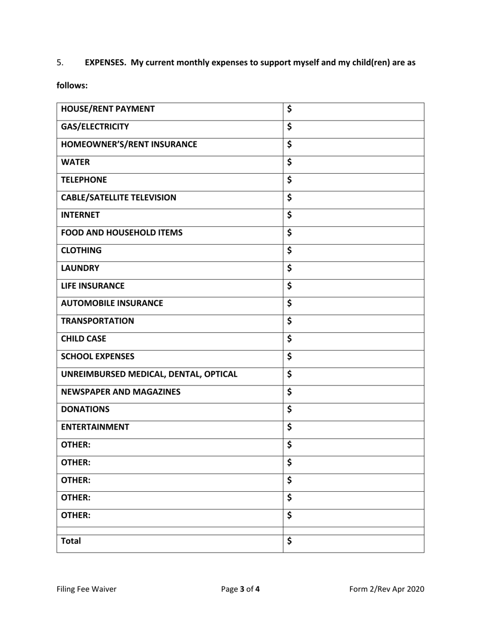 Form 2 Financial Affidavit in Support of Petition for Waiver of Filing Fees - North Dakota, Page 3