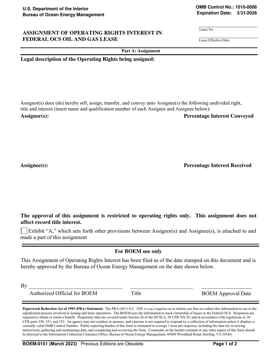 Form BOEM-0151 Assignment of Operating Rights Interest in Federal Ocs Oil and Gas Lease, Page 1