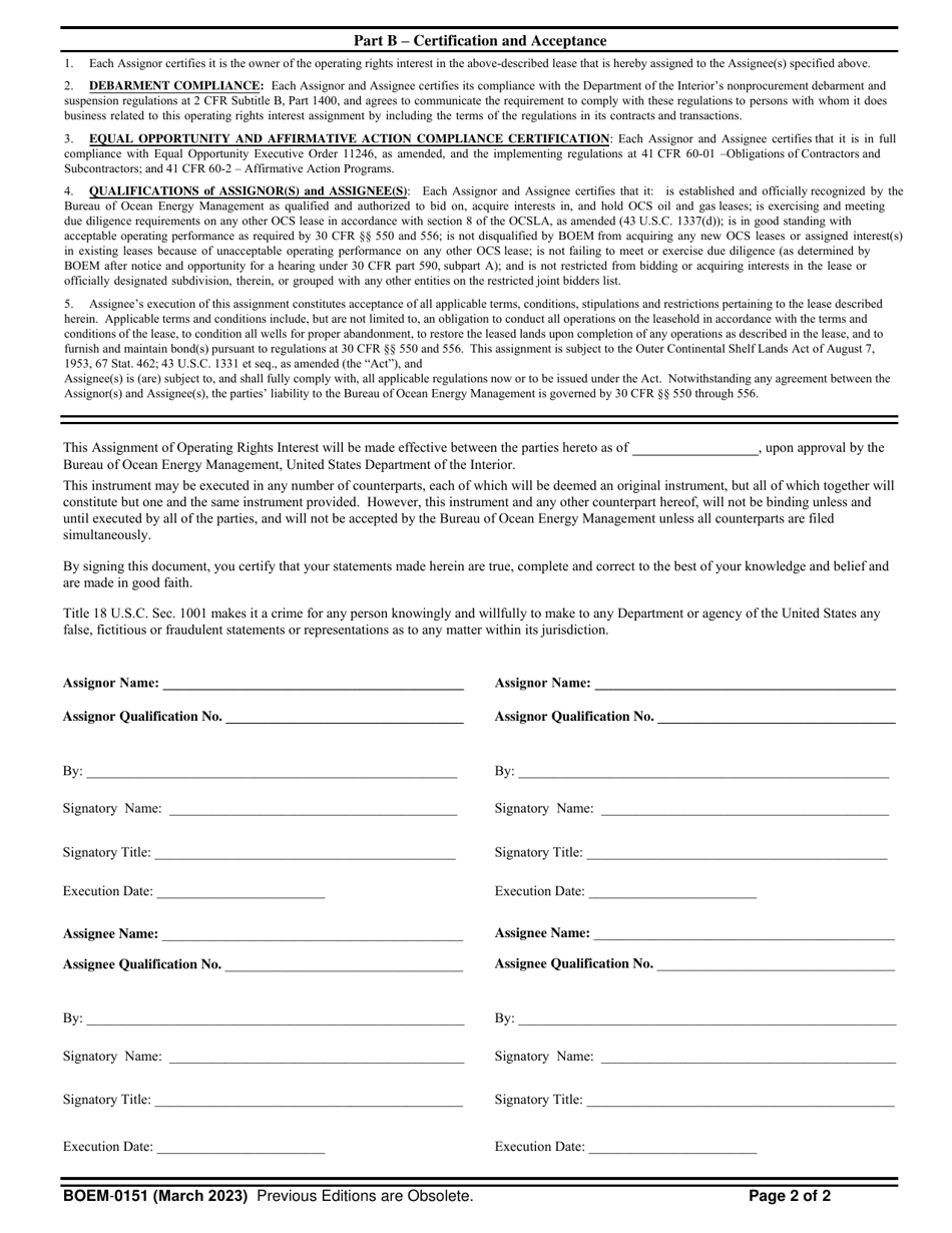 Form BOEM-0151 Download Fillable PDF or Fill Online Assignment of ...