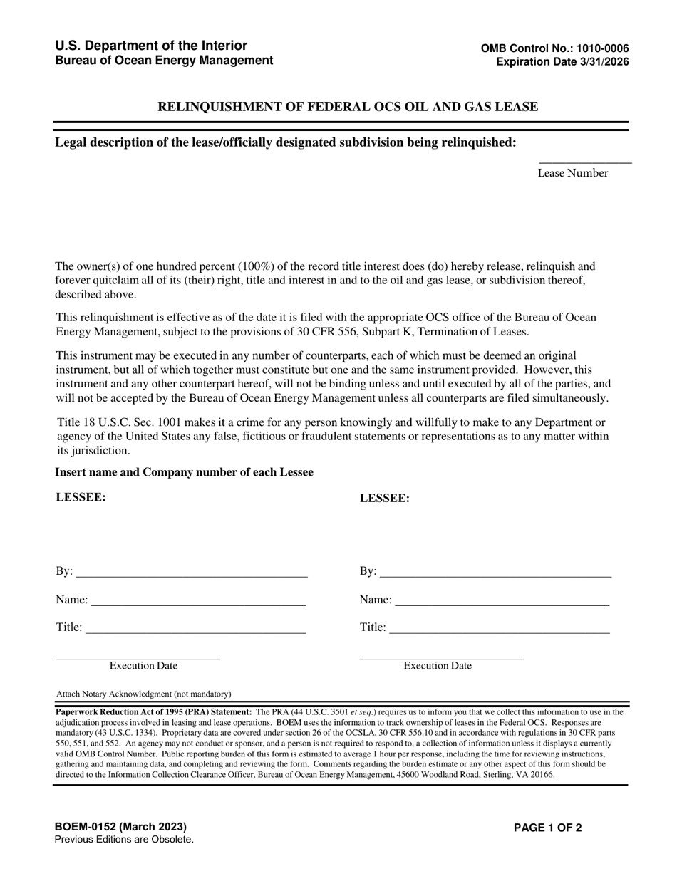 Form BOEM-0152 Relinquishment of Federal Ocs Oil and Gas Lease, Page 1