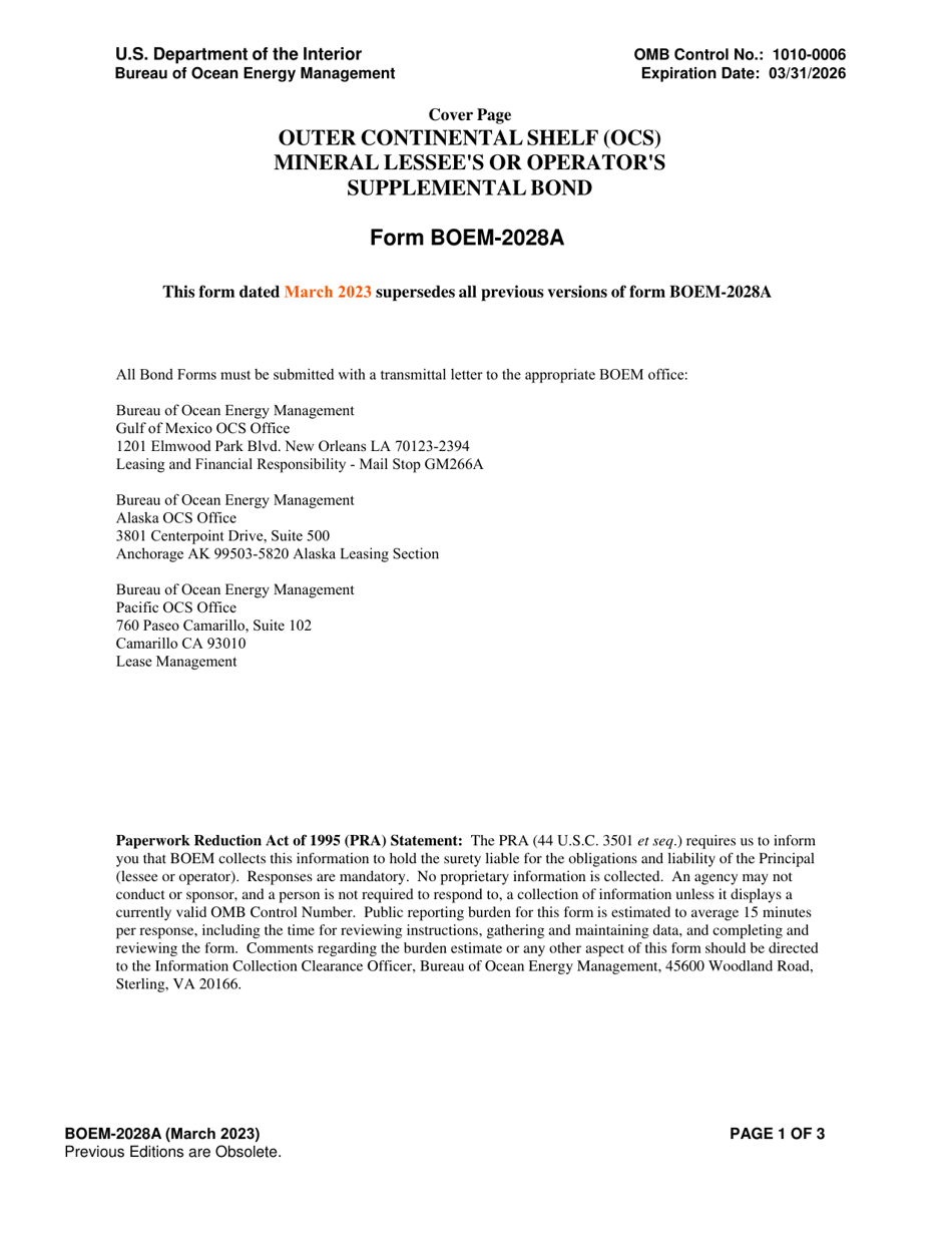Form BOEM-2028A Outer Continental Shelf (Ocs) Mineral Lessees or Operators Supplemental Bond, Page 1
